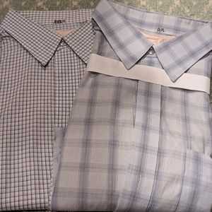 Two Michael Kauf blue check shirts freshly dry cleaned and folded. Size 46
